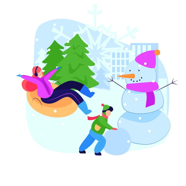 Woman and child enjoying winter activities