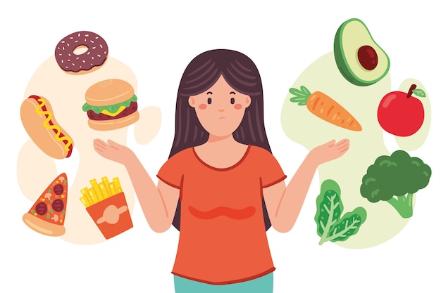 Free Vector woman choosing between healthy or unhealthy food illustration