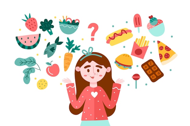 Free Vector woman choosing between healthy or unhealthy food