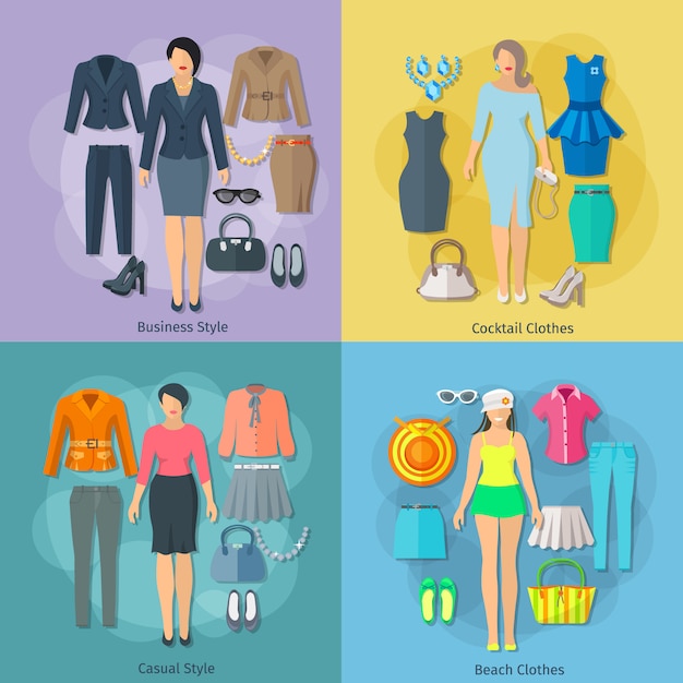 Free vector woman clothes concept square composition of business cocktail beach and casual styles icons set flat