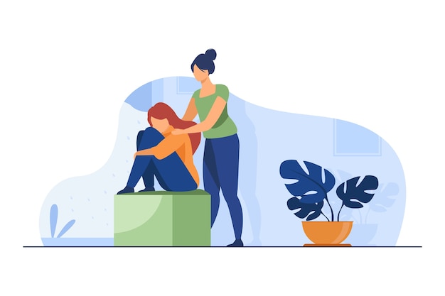 Free Vector woman comforting depressed friend. giving support to upset mate flat vector illustration. friendship, depression, help 