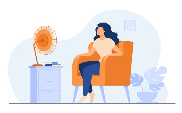 Woman conditioning air at home, feeling hot, trying to cool and sitting gat fan. Vector illustration for summer weather, home appliance, heat room 