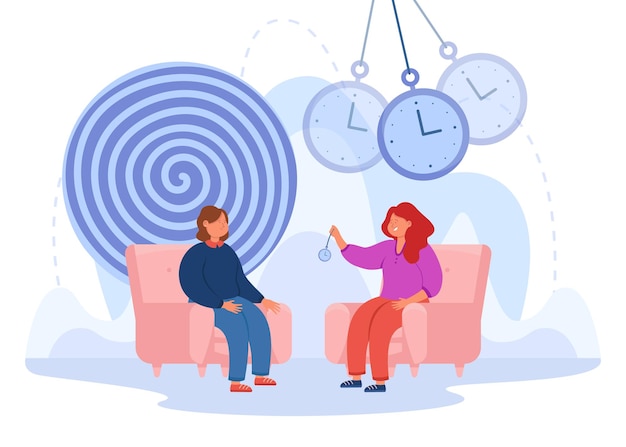 Woman conducting hypnosis session flat vector illustration. Girl at session with psychotherapist. Psychologist swinging pendulum, putting patient in state of altered mind. Mental disorder concept