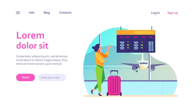 Woman consulting departure digital board in airport. Tourist with suitcase waiting boarding. Travel, vacation concept for website design or landing web page