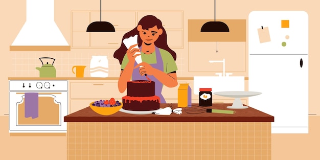 Free Vector woman cooking at home decorating cake with berry cream flat vector illustration