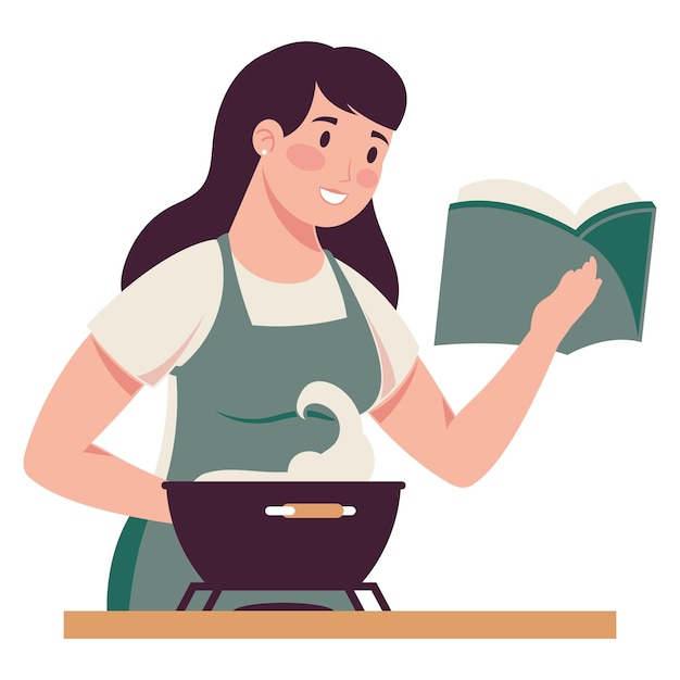 woman cooking and reading recipe