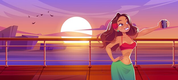 Woman on cruise liner deck shoot selfie on smartphone, girl in summer dress photographing herself at ocean seascape view on ship or sailboat. Summertime vacation journey, Cartoon vector illustration