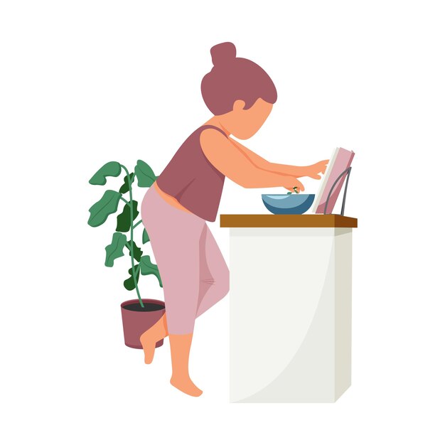 Woman daily routine flat composition with character of cooking woman with book of recipes vector illustration