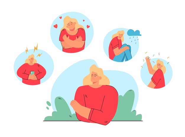 Woman in different moods and states illustration