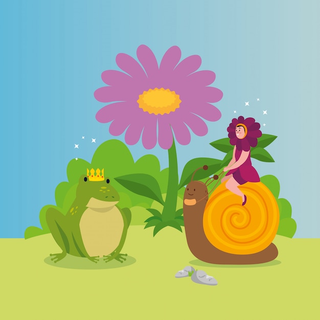 Woman disguised flower with animals in scene fairytale