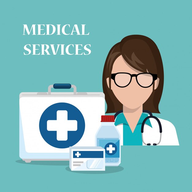 woman doctor with medical services icons