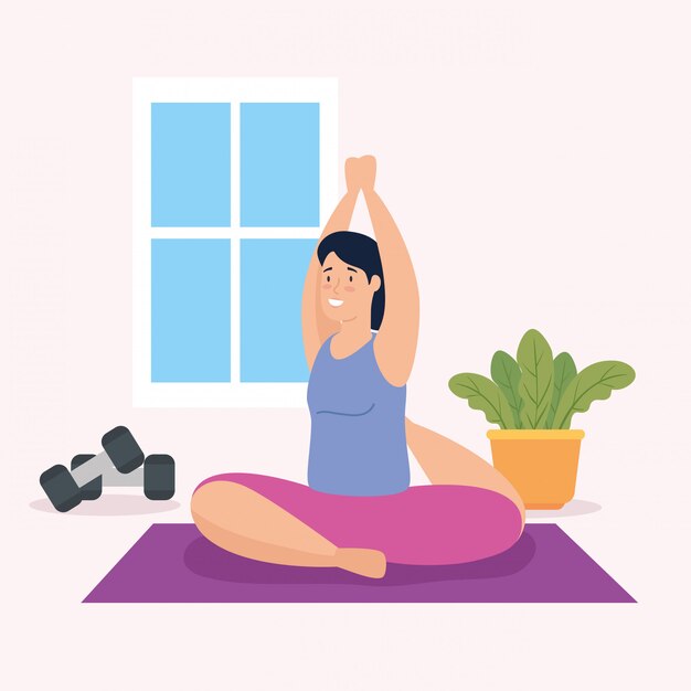 woman doing yoga in the house vector illustration design