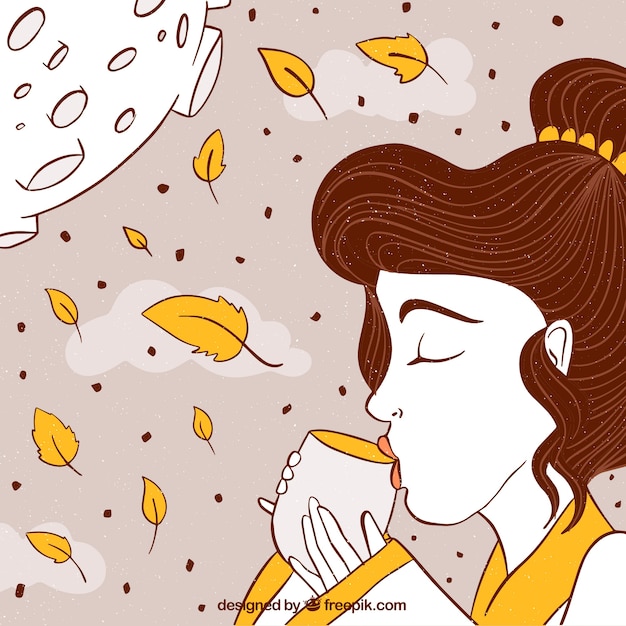 Free Vector woman drinking tea, mid autumn festival