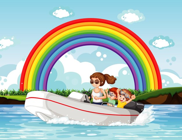 A woman driving speedboat with children in the river