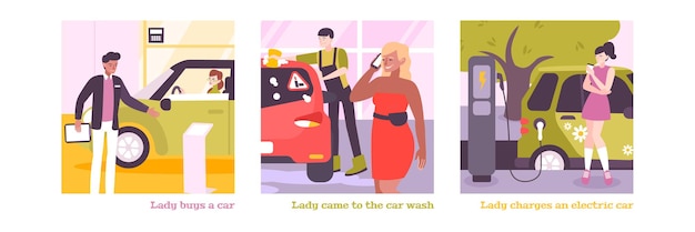 Woman driving square compositions set illustration