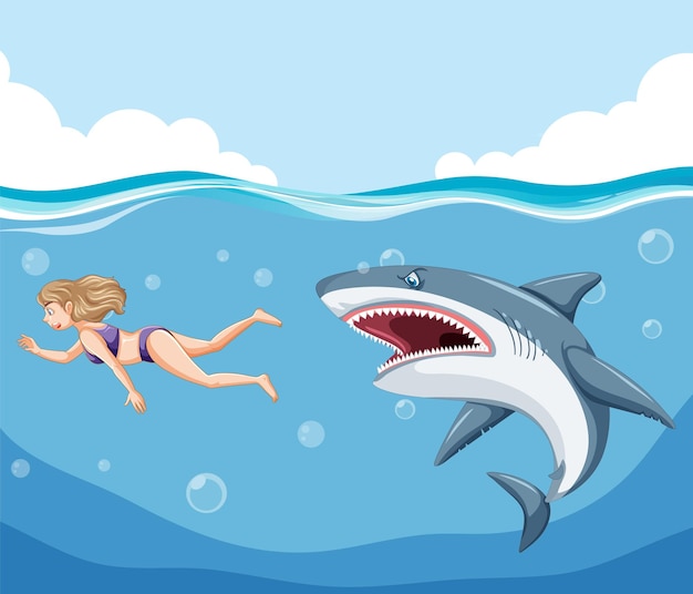 Free vector a woman escaping from aggressive shark in the water