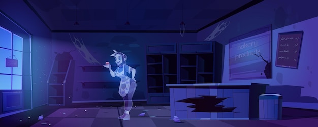 Free Vector woman ghost in old abandoned bakery shop at night