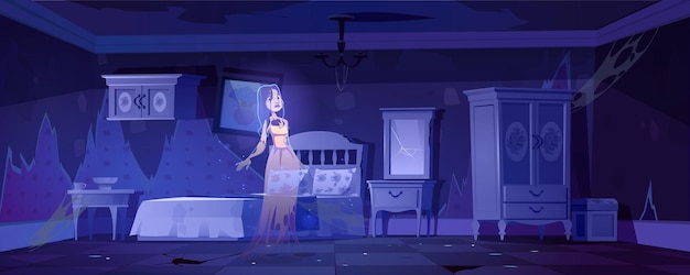 Free vector woman ghost in old bedroom at night