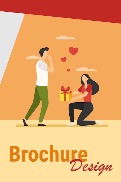 Free Vector woman giving gift to her boyfriend. girl with present box getting down on one knee flat vector illustration. love, special date concept 