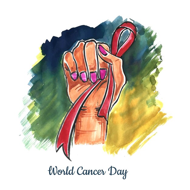 Woman hand with ribbon as symbol of world cancer day background