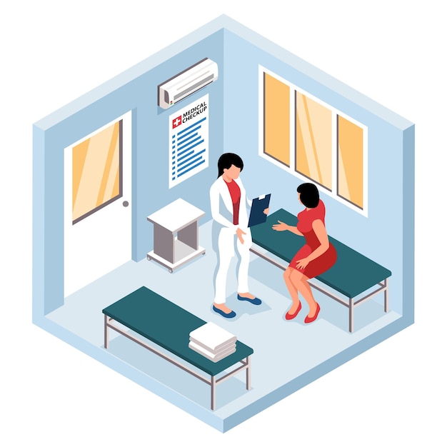 Free Vector woman having consultation with female therapist at hospital during health checkup 3d isometric isolated vector illustration