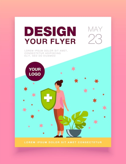 Free Vector woman holding protective shield against virus flyer template