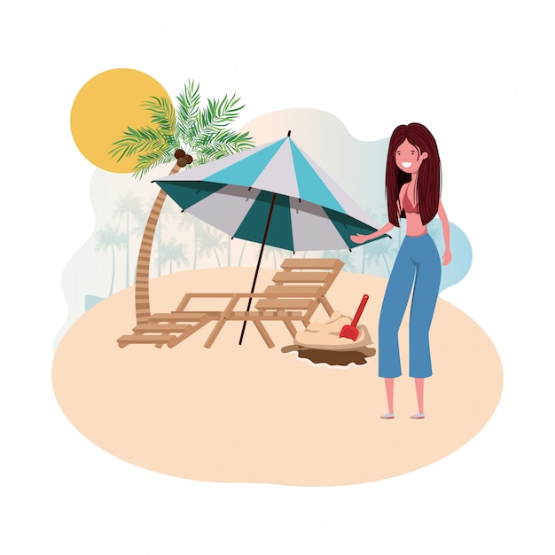 Woman on island with swimsuit and beach chair