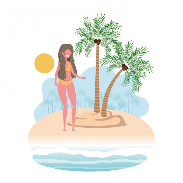 Woman on island with swimsuit and palms