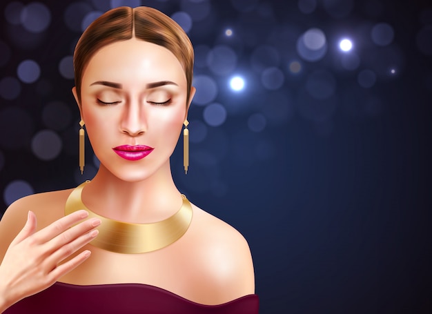 Free Vector woman and jewelry accessories with golden earrings and necklace realistic illustration