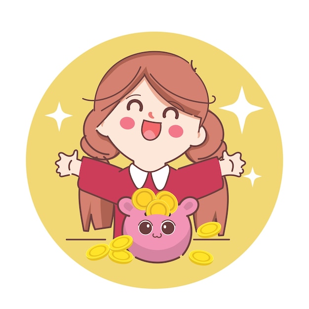 Woman keeping coin with piggy bank Saving money concept Cute cartoon character doodle style