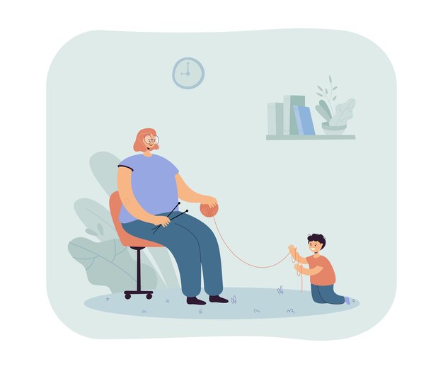 Woman knitting next to her little son. Flat illustration