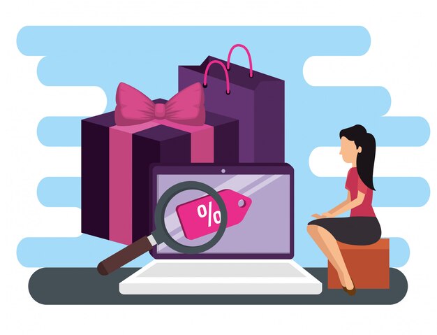 Woman and laptop ecommerce with packages online market