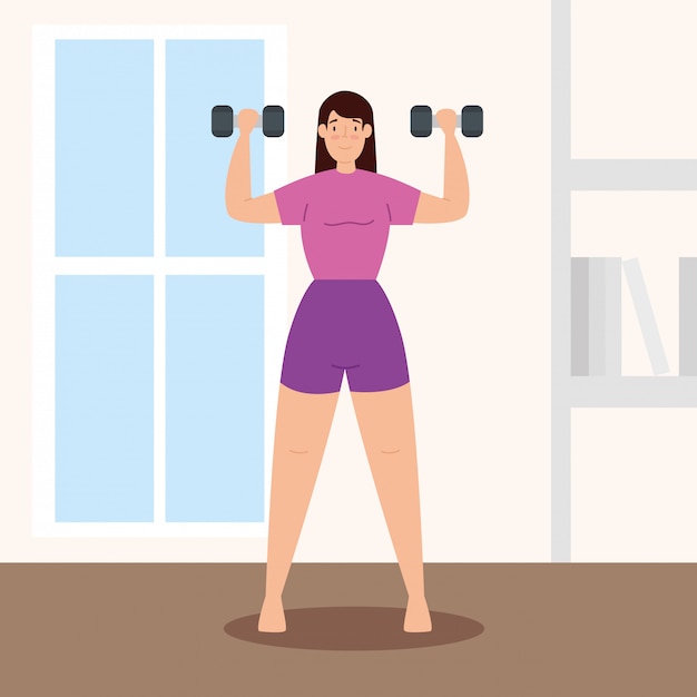 woman lifting weights in the house vector illustration design