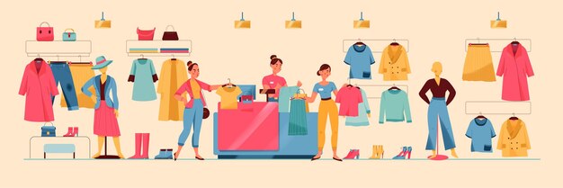 Woman making purchase in clothing store flat illustration