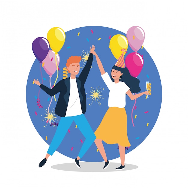 Woman and man dancing with balloons and hat