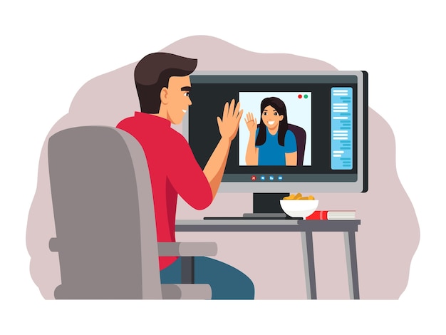 Free vector woman and man talking at online video call communication via computer screen friends waving on videoconference talking with snacks virtual digital meeting