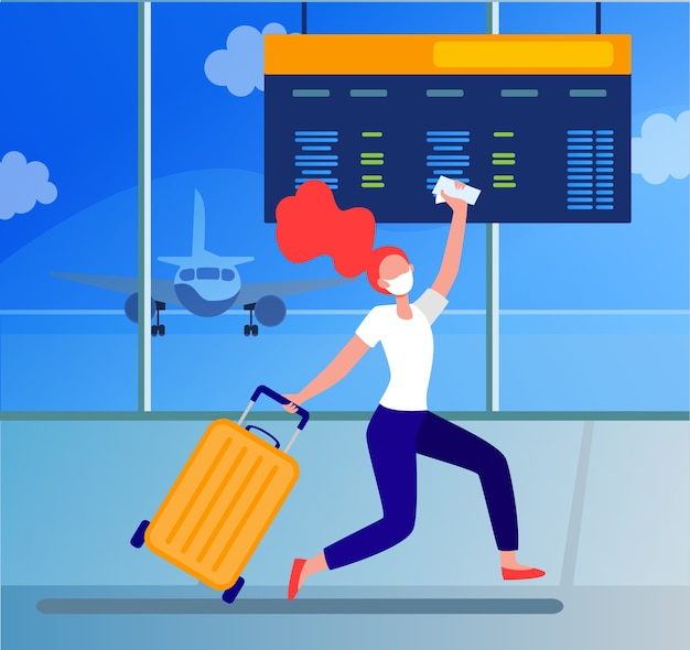 Free Vector woman in mask celebrating travel ban cancel. passenger running in airport flat vector illustration. late for boarding, virus and travel