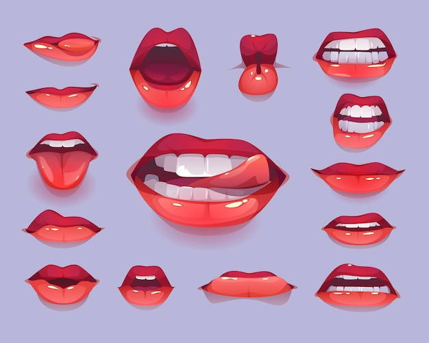 Free Vector woman mouth icon set. red sexy lips expressing emotions