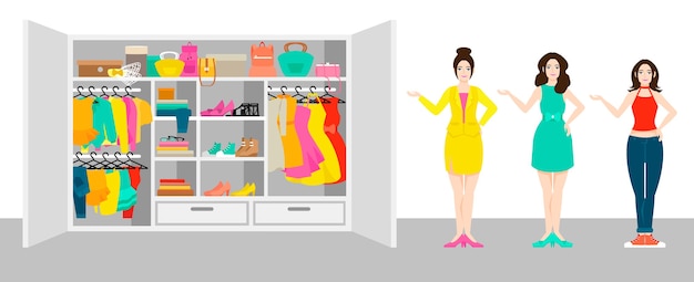 Woman outfit elements banner with girls standing near wardrobe with clothes and accessories