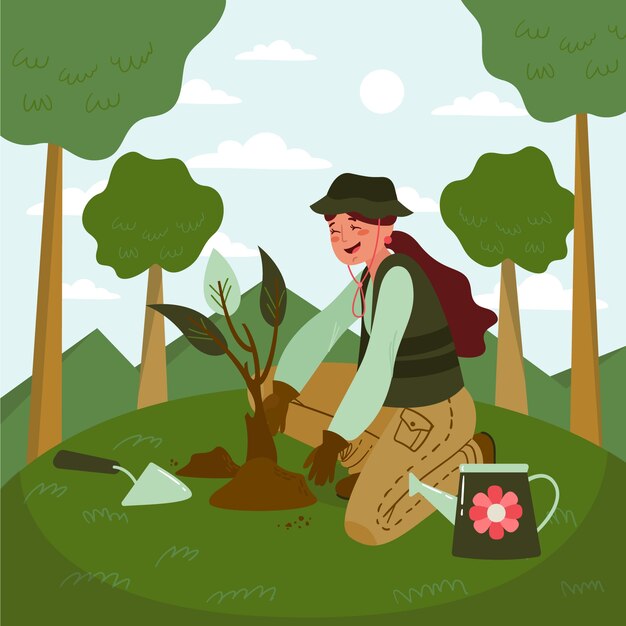 Woman planting tree illustrated