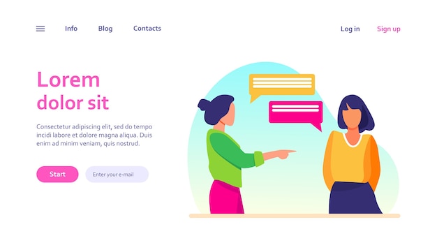 Woman pointing to girl and talking with her. Hand, forefinger, speech bubble. Communication and conversation concept for website design or landing web page