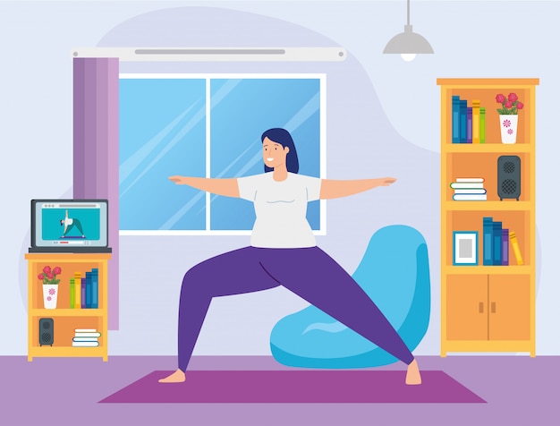 Free Vector woman practicing yoga online in living room