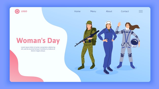 Woman professions flat web site landing page with female characters in uniform and editable text links vector illustration