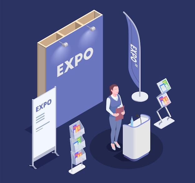 Free vector woman promoting goods near expo stand isometric composition