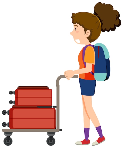 A woman pushing baggage cart on white background