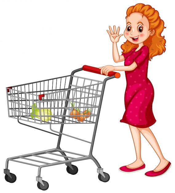 Free Vector woman pushing shopping cart on white background