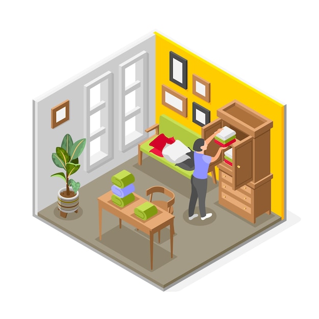 Free Vector woman putting clothes in order and decluttering her wardrobe isometric composition vector illustration