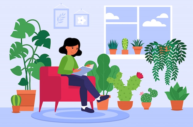 Free Vector woman reading book at home among houseplants