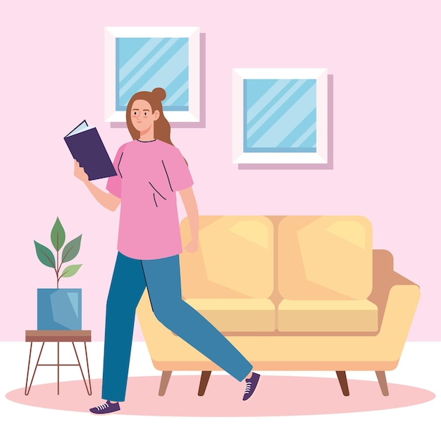 Woman reading book in livingroom