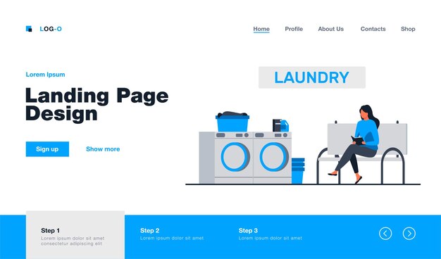 Woman reading book and waiting for her laundry landing page template